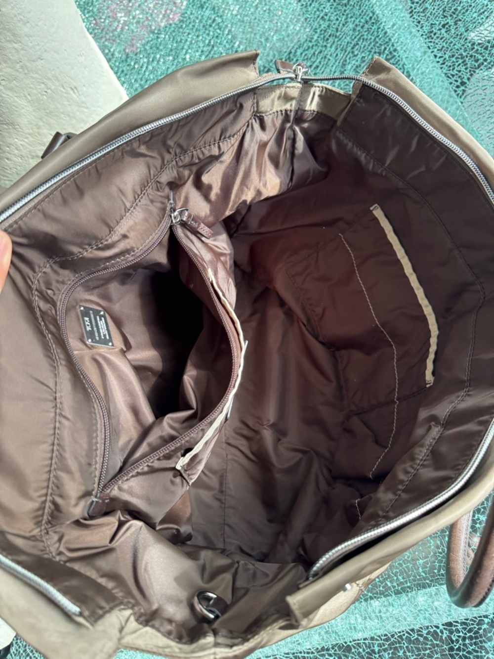 Tumi Olive Brown Nylon Tote with Dark Brown Leather Handles - Picture 8 of 8